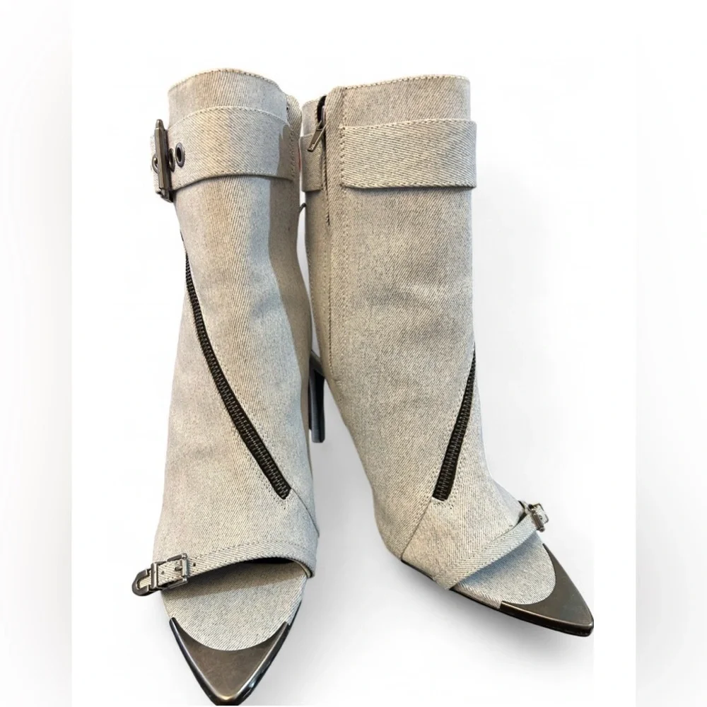 Steve Madden Denim Pointed Stiletto Zipper Peep Toe Ankle Buckle Boots Size 11 - Picture 2 of 14